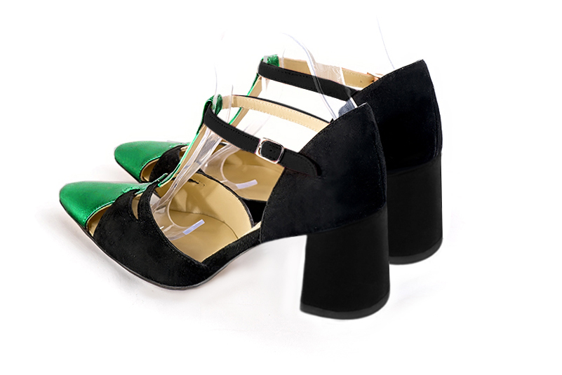 Emerald green and matt black women's T-strap open side shoes. Tapered toe. Medium flare heels. Rear view - Florence KOOIJMAN
